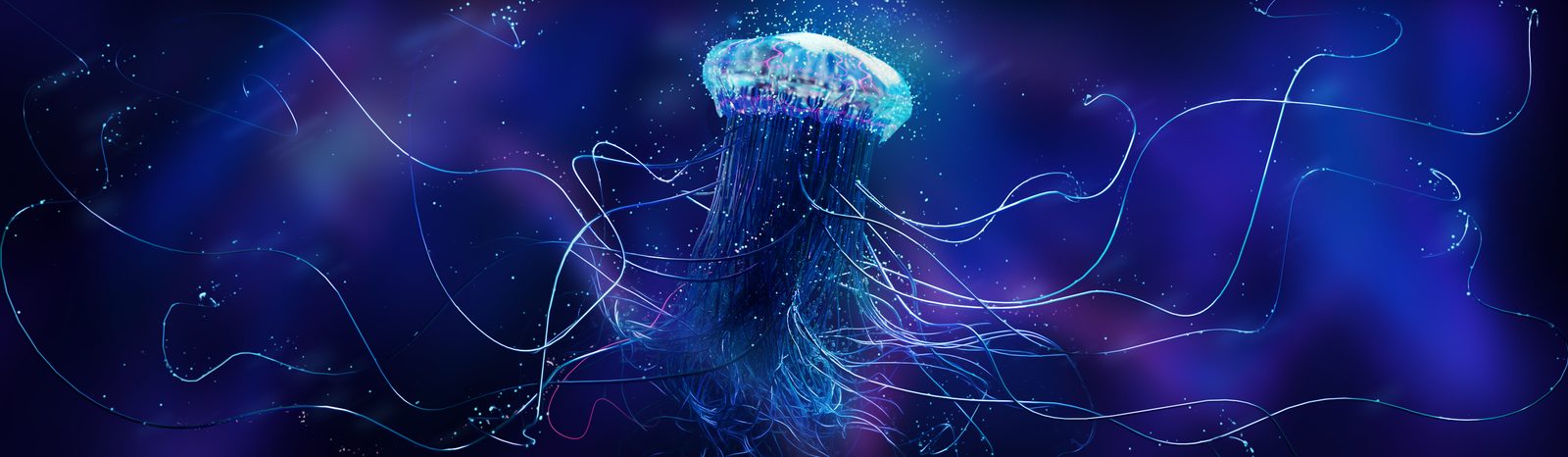 A luminous jellyfish trailing long glowing tentacles in a violet ocean