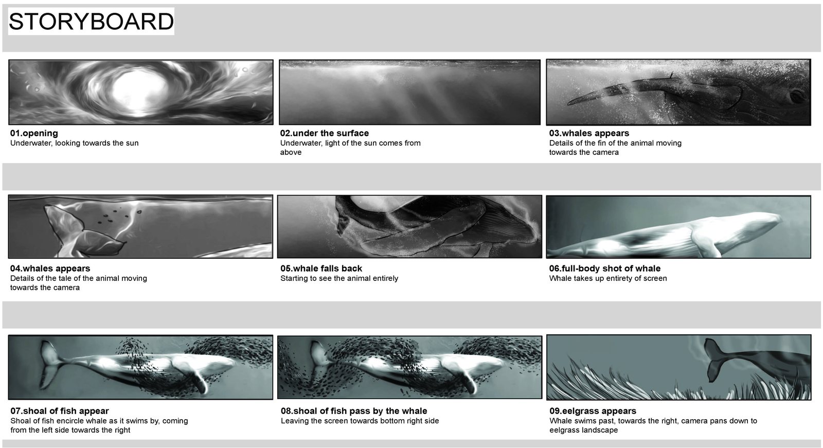 Nine-frame storyboard from the sunlit surface to the whale and the eelgrass landscape