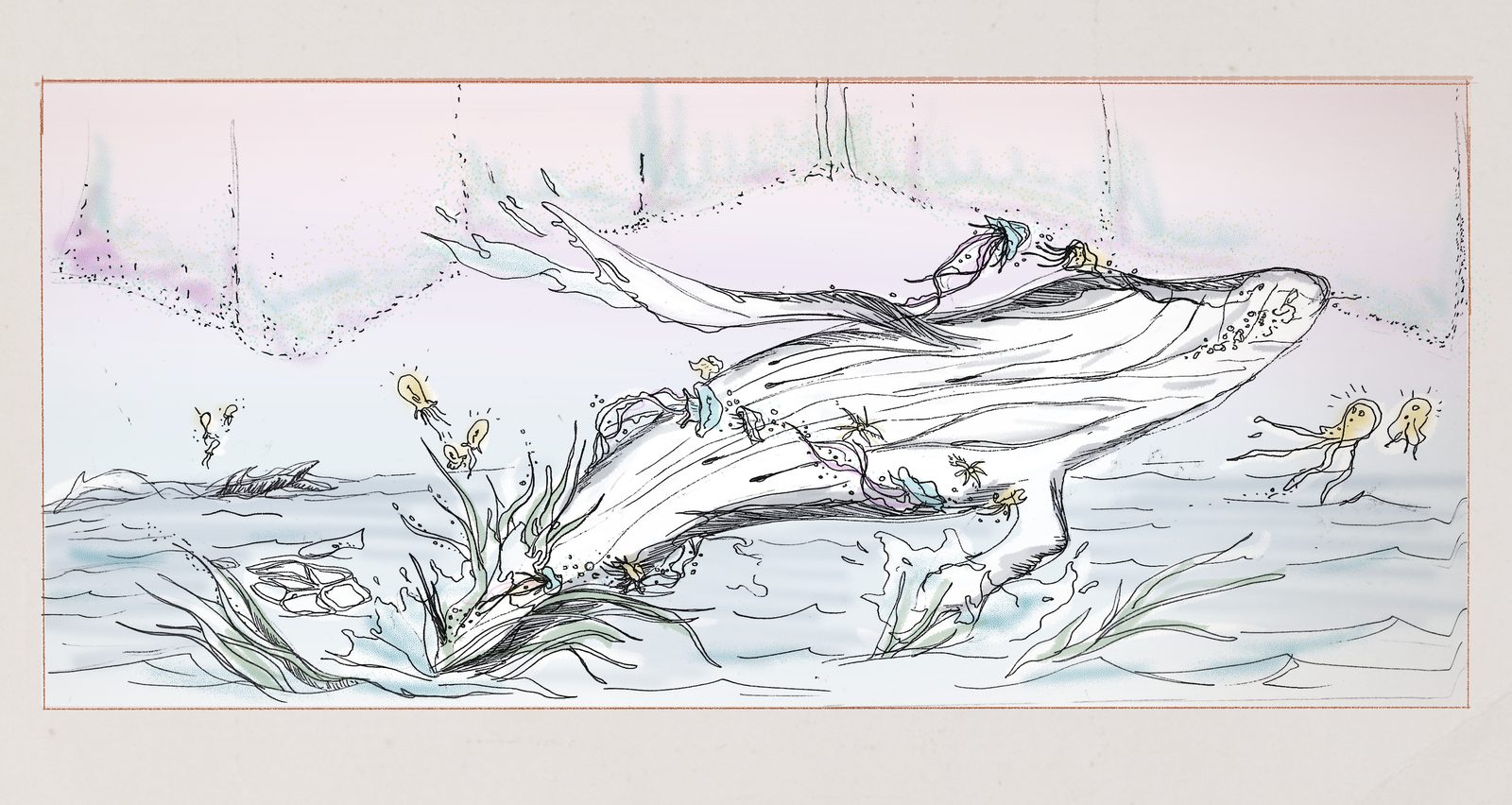 Pencil and watercolour sketch of a whale rising among jellyfish and seagrass