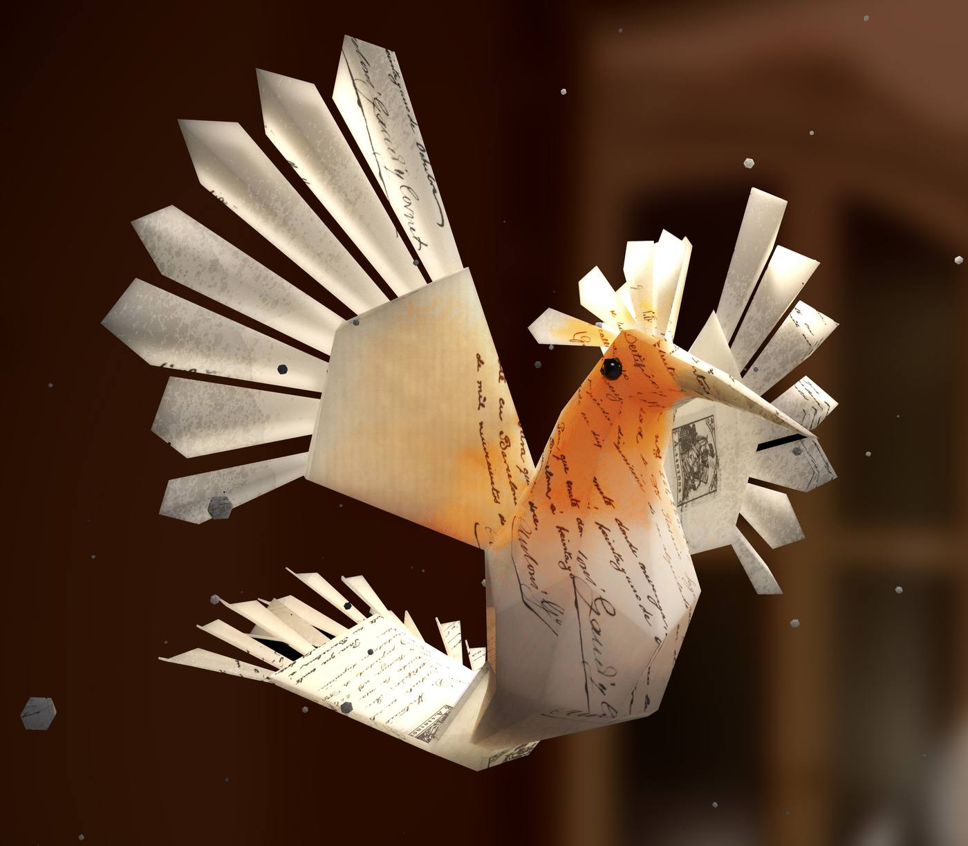 Origami hoopoe hologram with handwritten paper textures