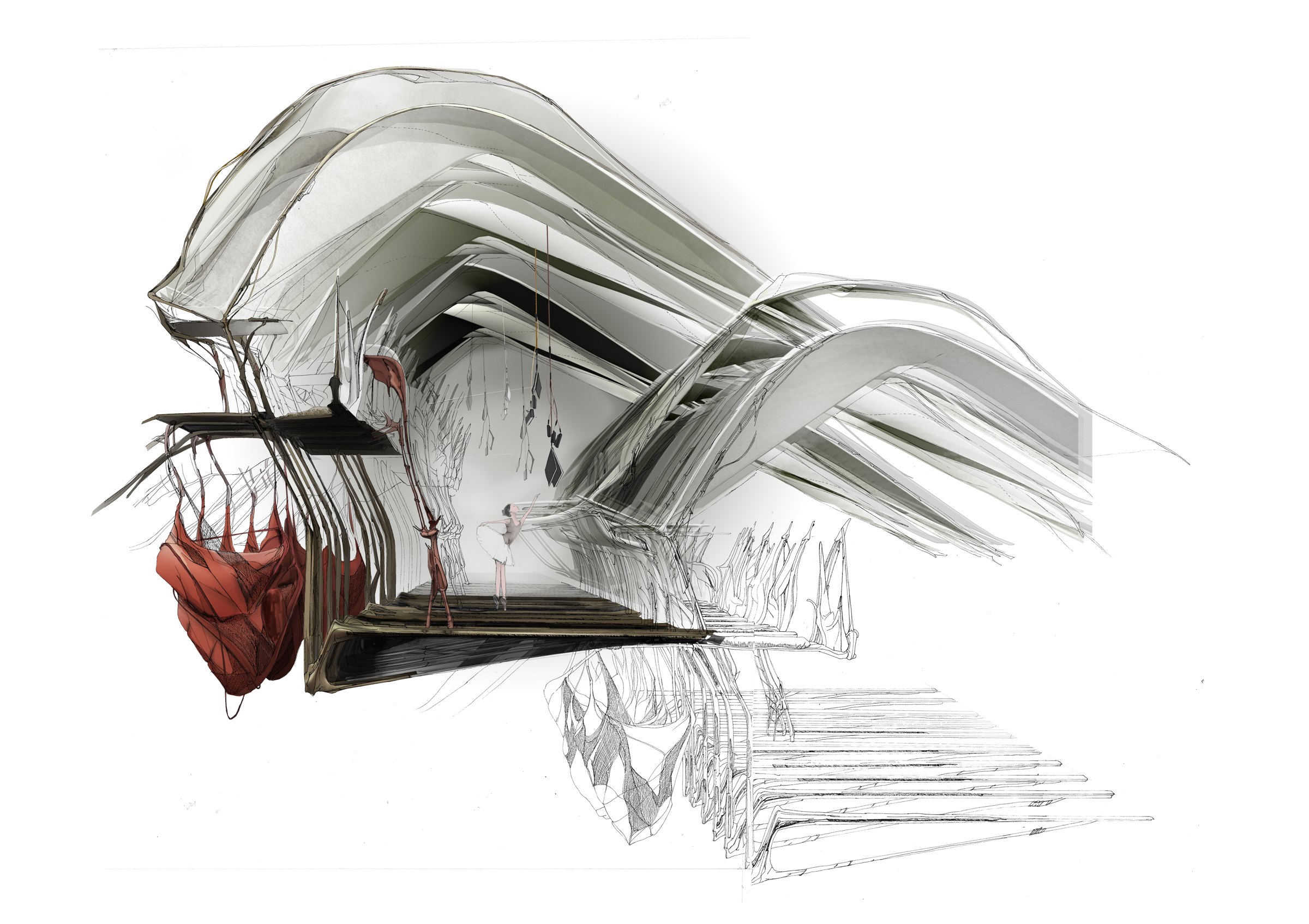 Sectional drawing of a flowing, shell-like dance studio with a dancer and red hanging forms
