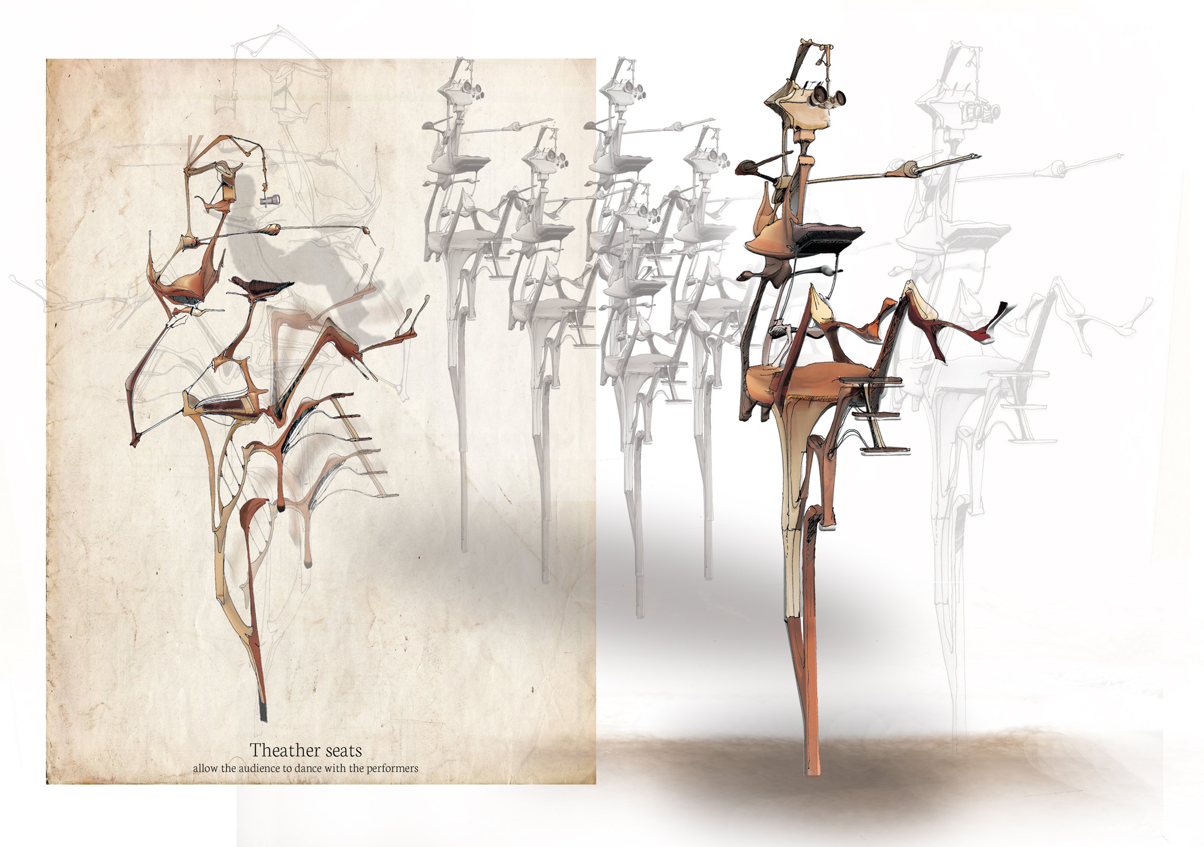 Drawings of articulated theatre seats that let the audience dance with the performers