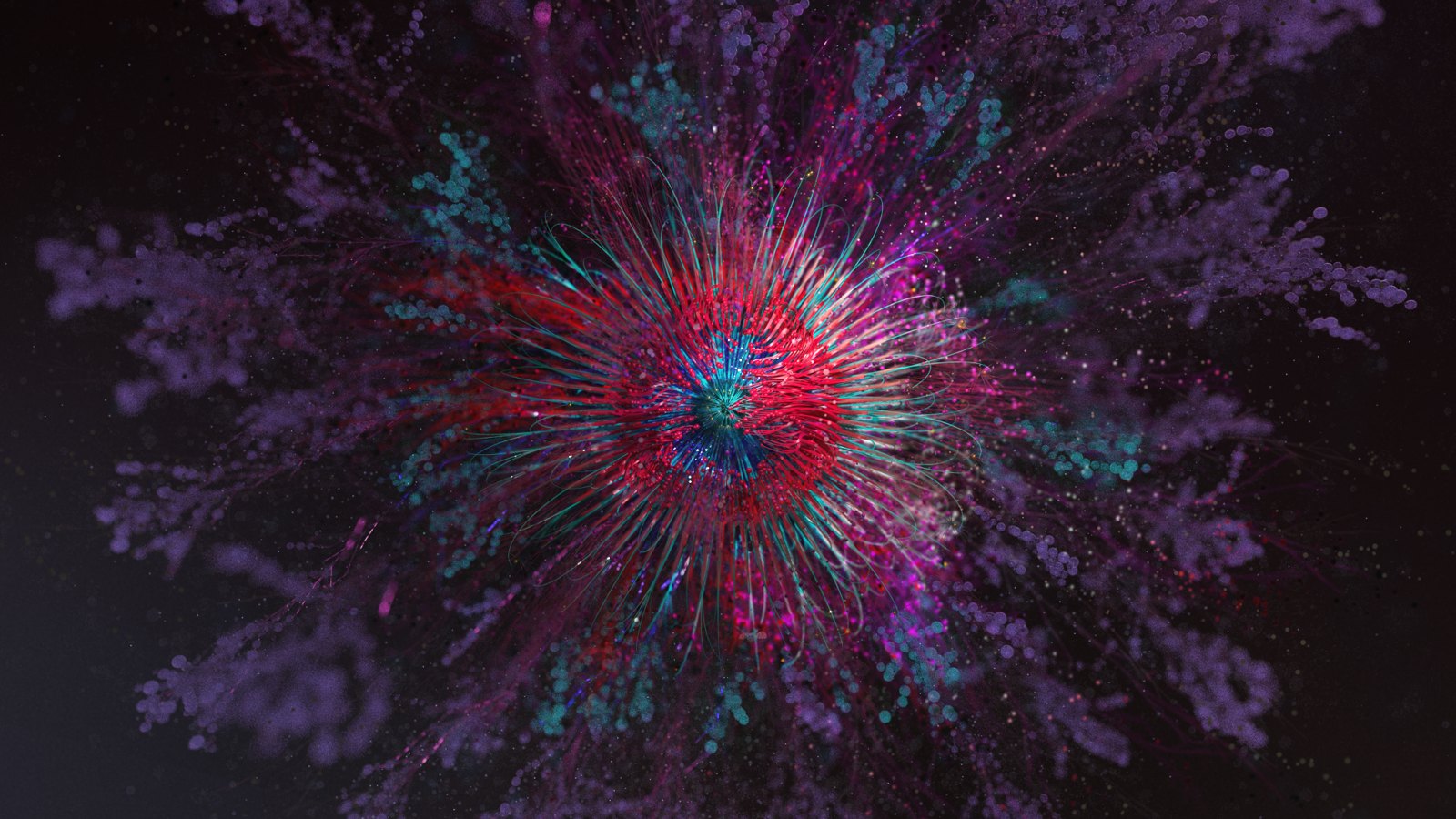 Concept art for Symphony: a burst of red and turquoise filaments