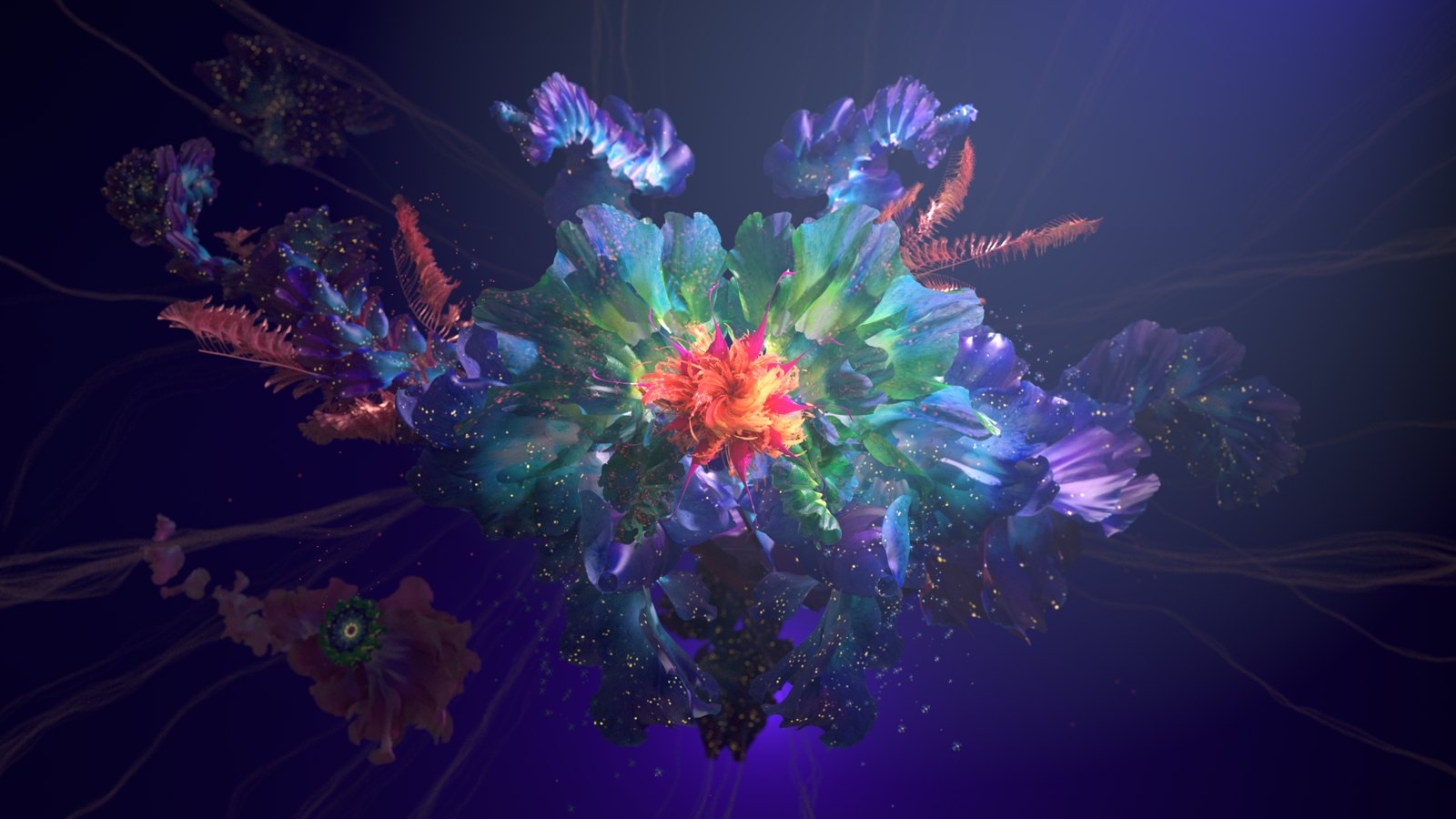 Concept art for Symphony: a luminous blue-green flower with an orange heart