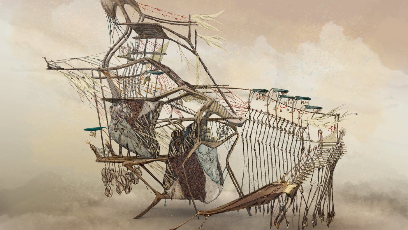 Are We There Yet?, a ship-like house of branches and sails drifting through clouds